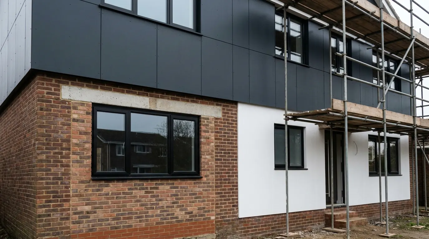 A converted attached garage finished as a room with a window in place of the up and over door and matching brickwork below it