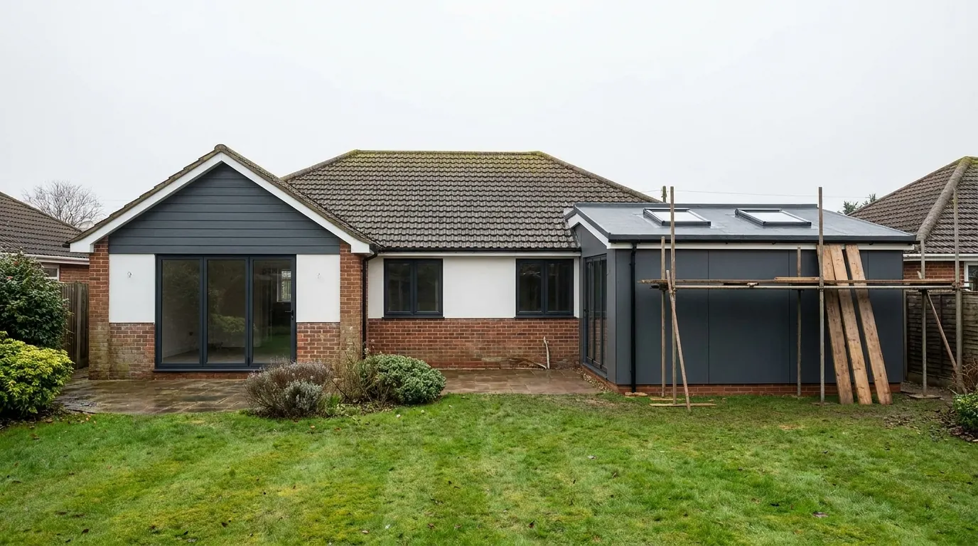 A single storey house with a wide rear extension under a shallow pitched roof, glazed gable end facing a wooded garden
