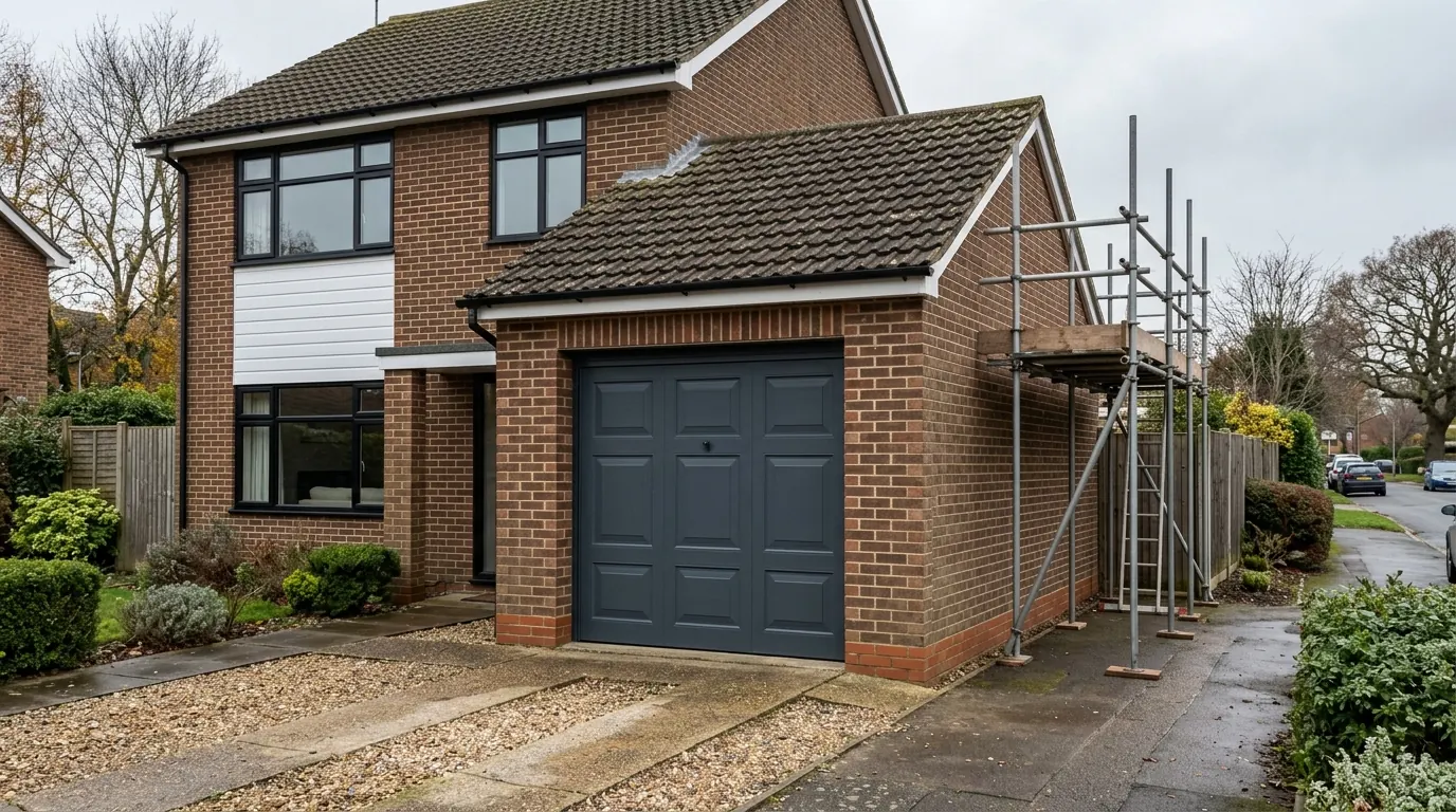 An attached single garage with a pitched tiled roof and a dark up and over door projecting from the front of a red brick house with dark framed windows, scaffolding standing along the garage flank beside the boundary fence, and a gravel and concrete driveway in front