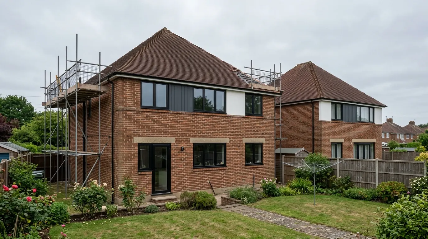A two storey red brick house with a hipped clay tiled roof and a first floor clad in dark vertical boards between black framed windows, scaffolding standing against one gable, a lawn and rotary drier in front of a close boarded fence