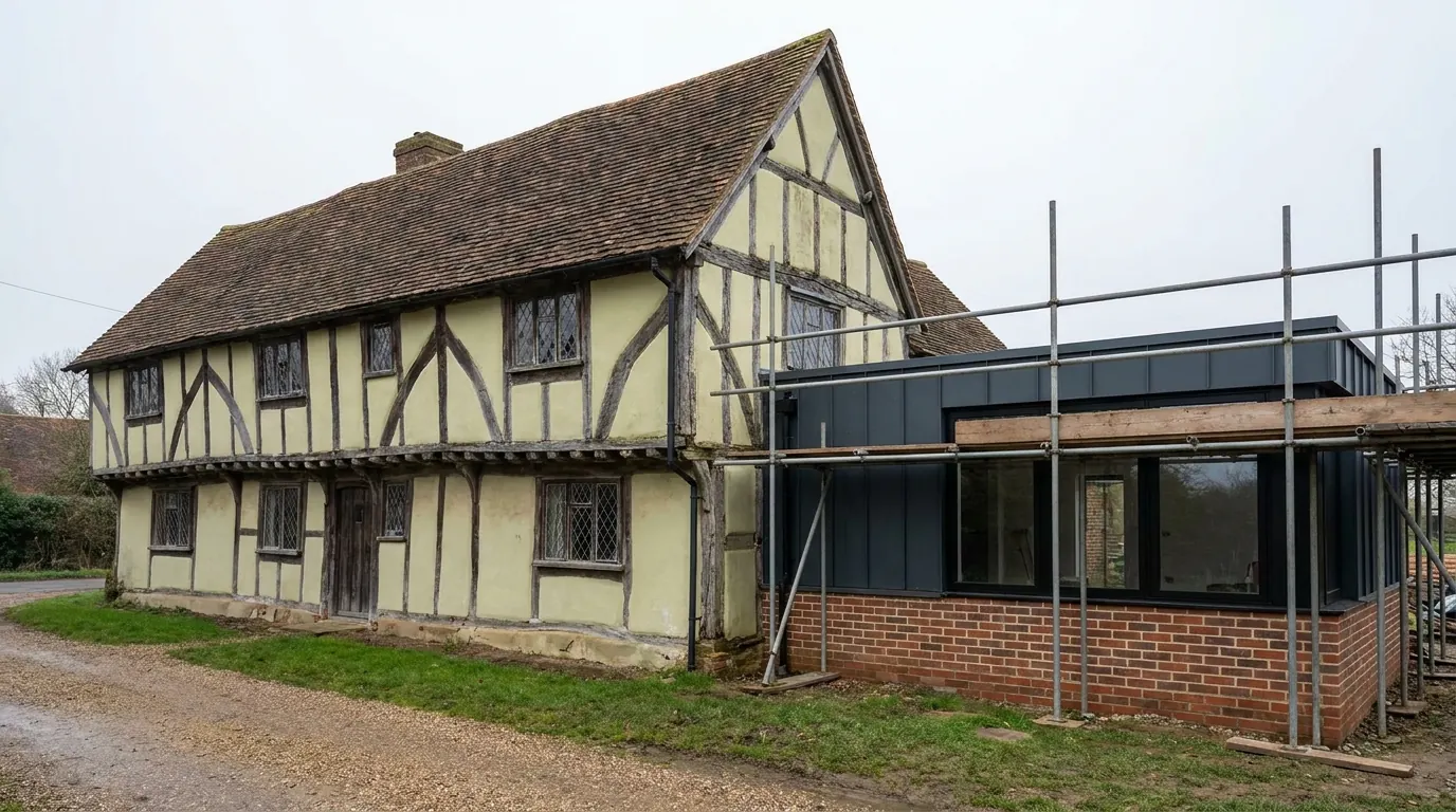 A jettied timber framed house with pale plastered infill panels, exposed weathered frame, leaded windows and a clay tiled roof, with a low dark clad flat roofed addition on a red brick plinth standing alongside it in scaffold