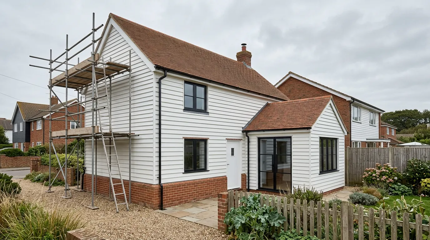 A white weatherboarded house with a clay tiled roof, brick plinth and black framed windows, with a small gabled weatherboarded side addition alongside and scaffolding standing to one end