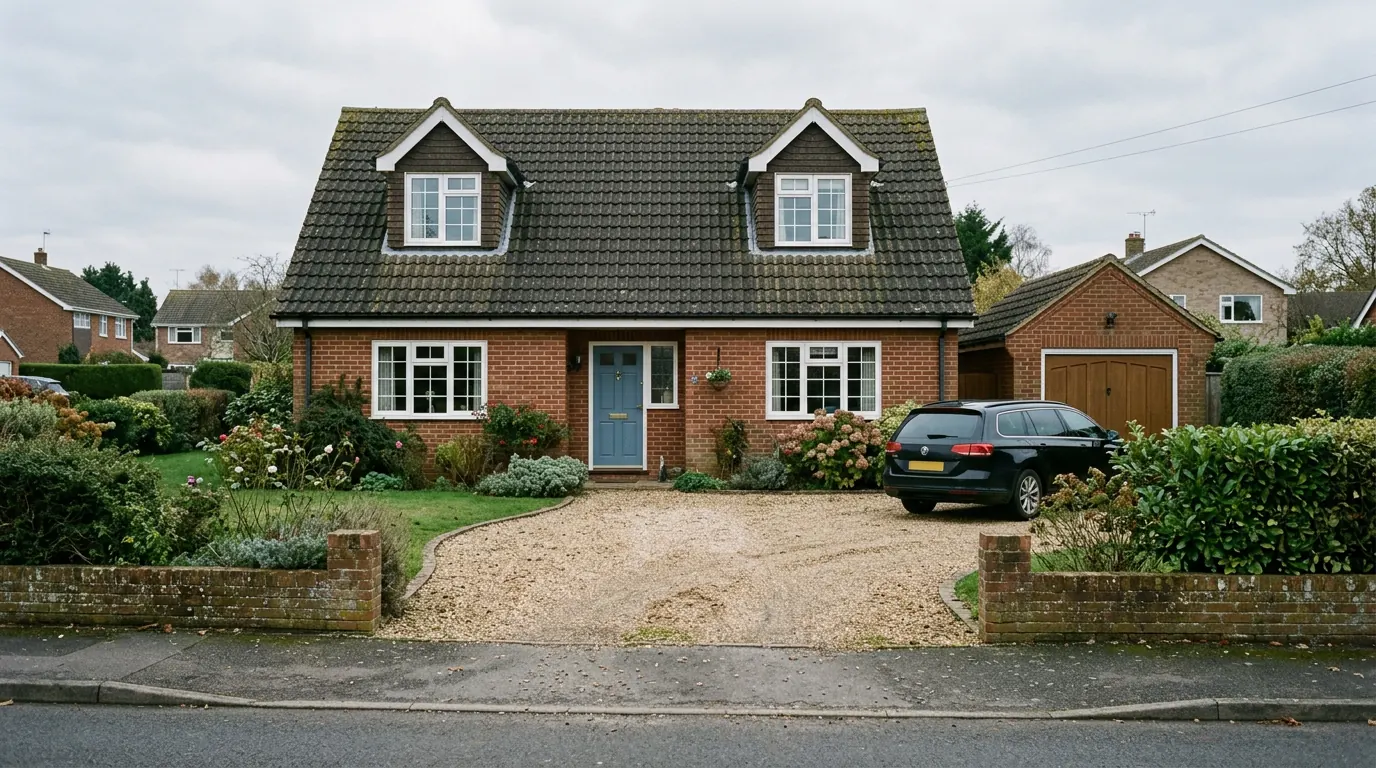 A red brick chalet bungalow with two tile hung gabled dormers set into a dark tiled roof, white casement windows and a pale blue front door, with a wide gravel driveway and a brick garage to one side