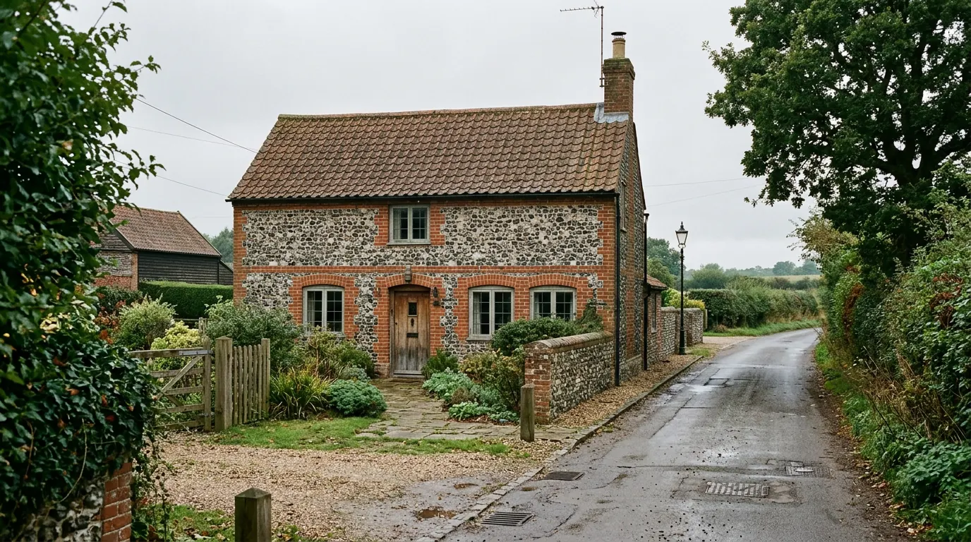 A two storey flint cottage with red brick quoins, window surrounds and chimney under a pantiled roof, white casement windows and a weathered timber door, with a gravel drive, a timber gate, a flint boundary wall and a wet rural lane running past