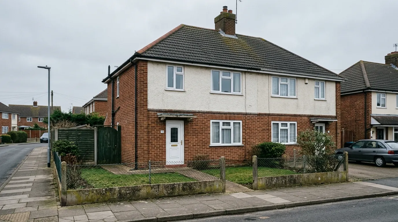 A post war semi detached house with a red brick ground floor and white rendered upper storey under a hipped concrete tiled roof, white casement windows and a white front door, with small lawns behind a chain link fence on concrete posts