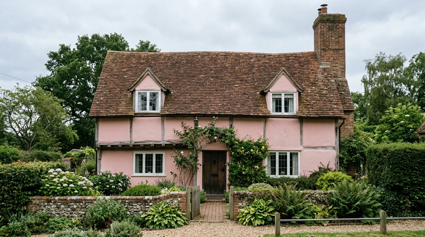 A pink rendered timber framed cottage with exposed dark studwork, a steep clay peg tile roof, two gabled dormers, a tall red brick chimney and a rustic plank door beneath a climbing rose, behind a cottage garden and a flint and brick wall