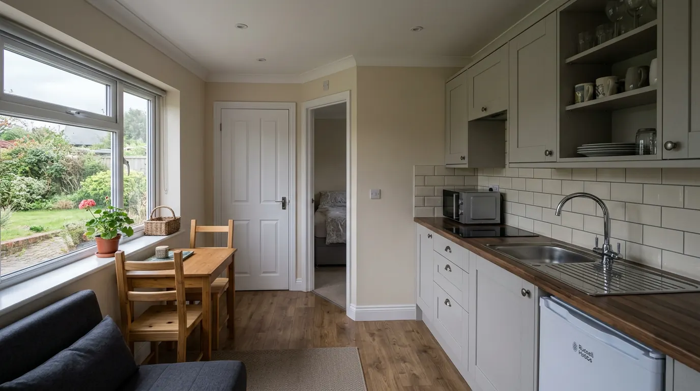 A compact self contained annexe interior with a galley kitchen of pale shaker units, wood effect worktop, tiled splashback and sink along one wall, a window over a garden, a pine table and chairs, a sofa and an open door through to a bedroom