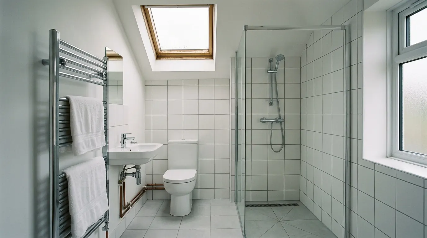 A white tiled bathroom beneath a sloping ceiling with a timber framed roof window, a walk in shower behind a clear glass screen, a small basin on exposed copper pipes, a close coupled toilet and a chrome heated towel rail