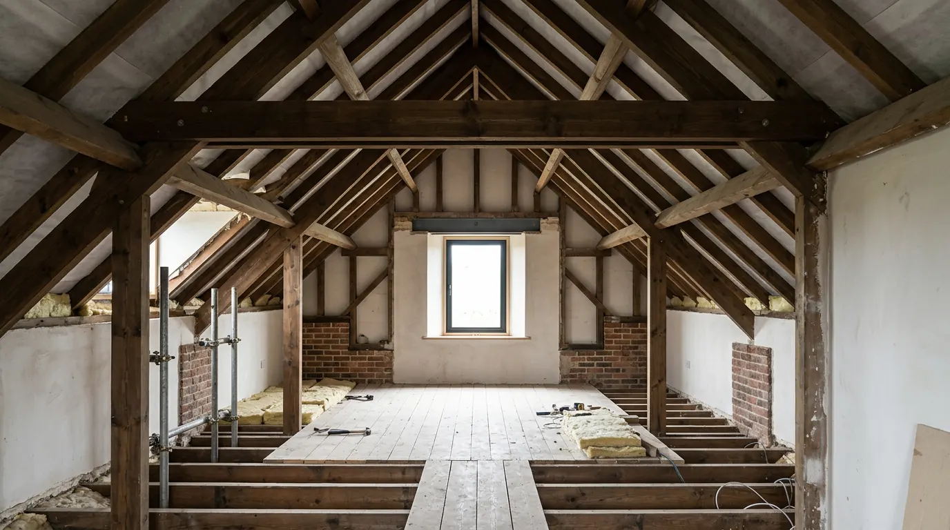 A loft part way through conversion under a traditional cut roof, its dark stained rafters, purlins and struts standing open with a tie beam across the space, new floor joists partly boarded over with mineral wool laid between them, an adjustable steel prop to one side and a new window set into the gable end