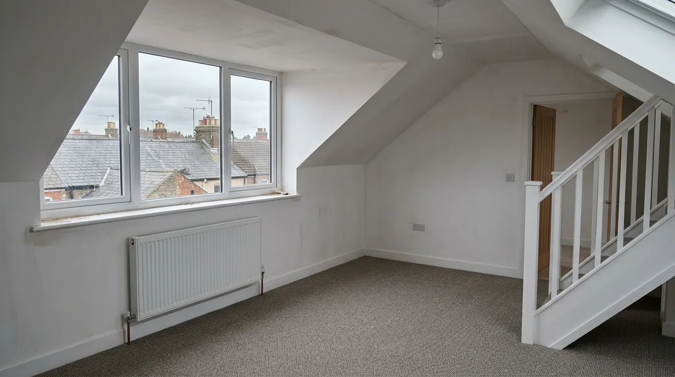 An empty white painted loft room with sloping ceilings and a flat roofed dormer holding a wide window that looks out over slate roofs and chimney pots, a radiator beneath it, grey carpet, a bare pendant bulb and a white stair balustrade to one side
