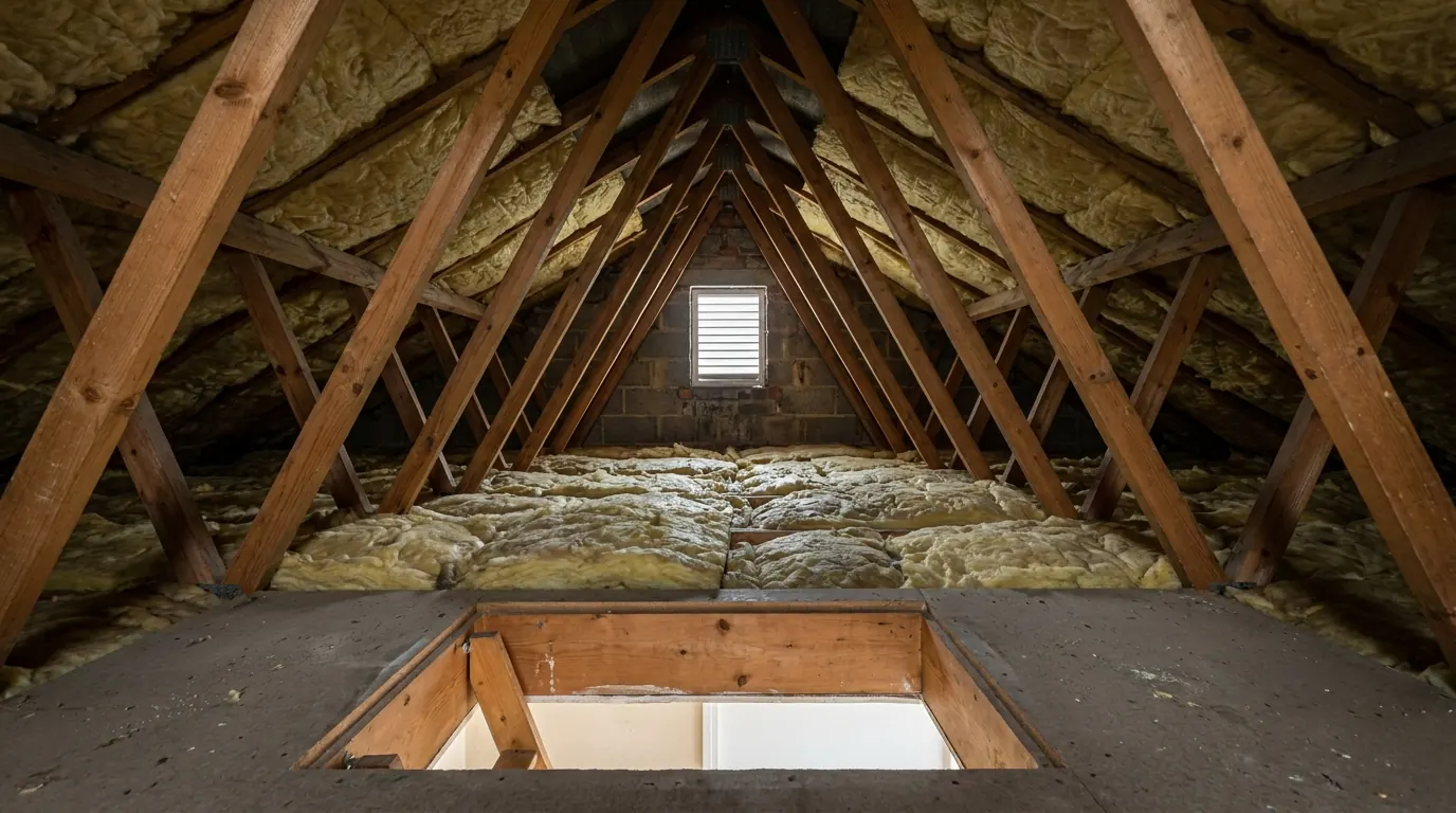 The inside of a roof space filled with W shaped trussed rafters, leaving no clear floor area between the timbers