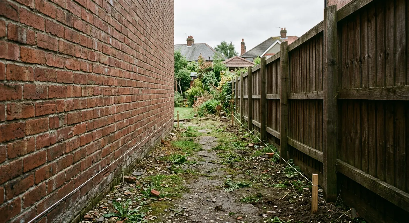 The narrow side passage between the red brick flank wall of a house and a timber close boarded boundary fence, with a taut string line running at ground level between timber pegs, loose bricks and patchy grass underfoot, and neighbouring rooftops beyond the fence
