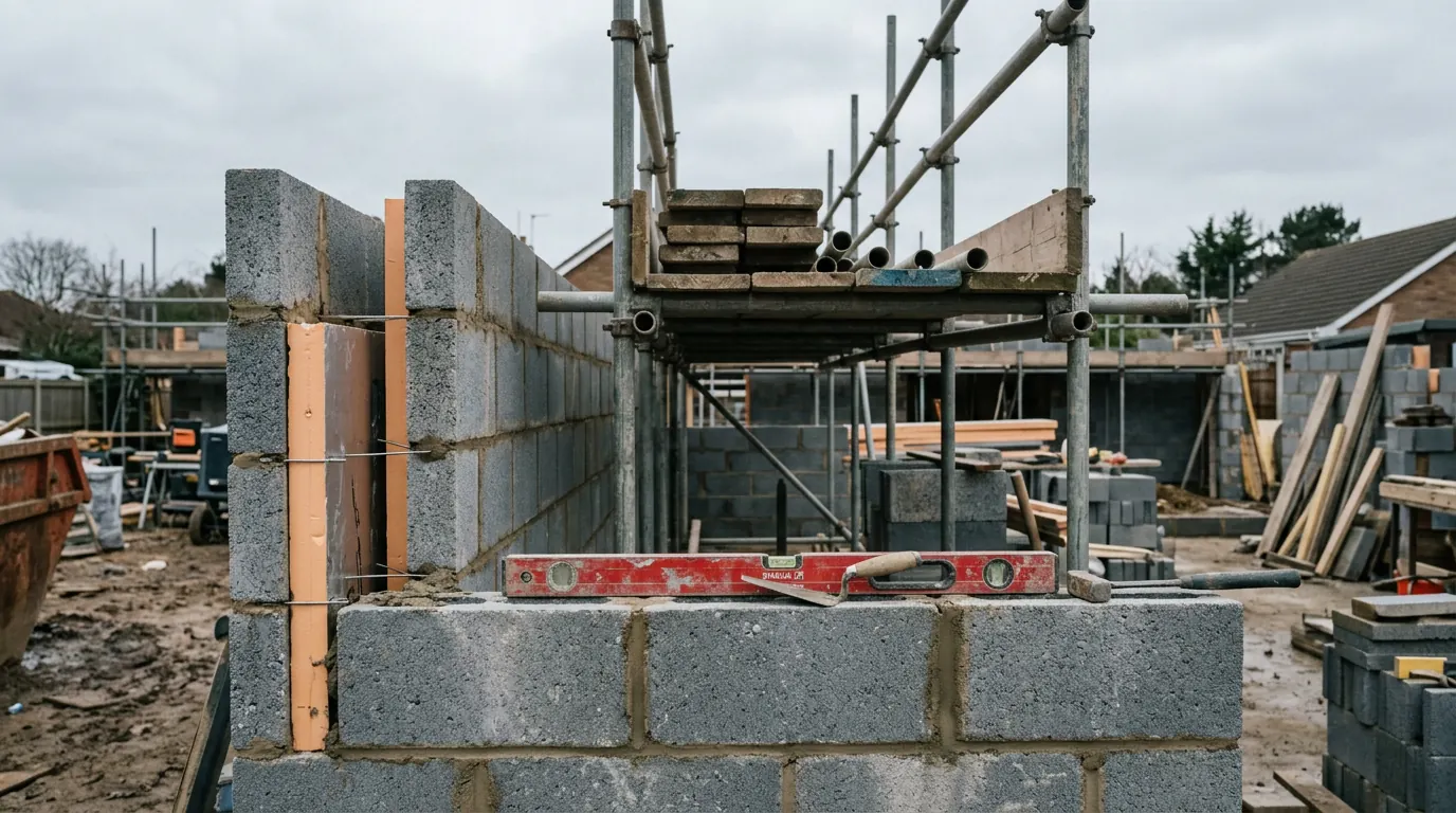 A part built cavity wall in grey concrete blocks with rigid insulation board and stainless wall ties visible in the open cavity, a spirit level and pointing trowel resting on the top course, and scaffolding and packs of blocks behind