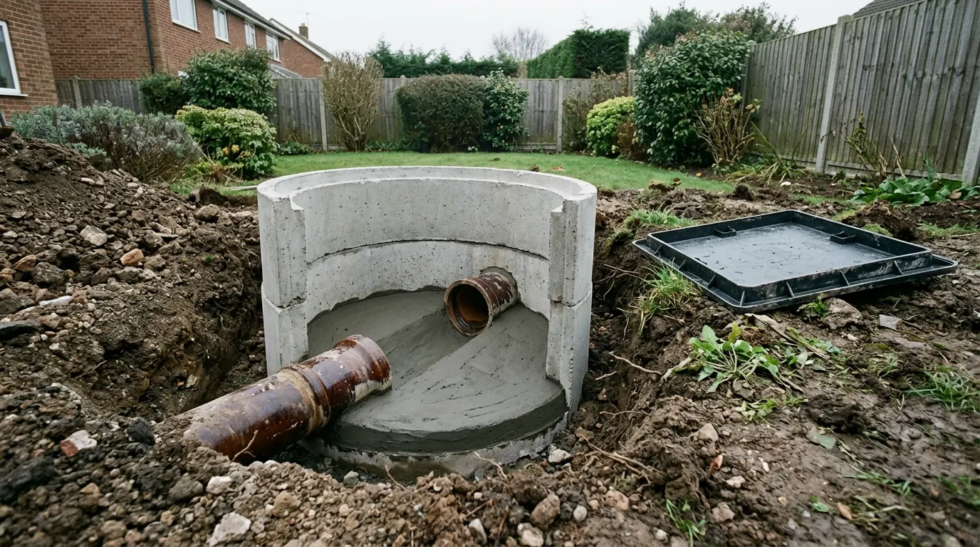 A precast concrete inspection chamber set in an excavation in a lawn, with freshly formed mortar benching in its base and clay drainage pipes entering it, the cover and frame lying on the grass beside a spoil heap