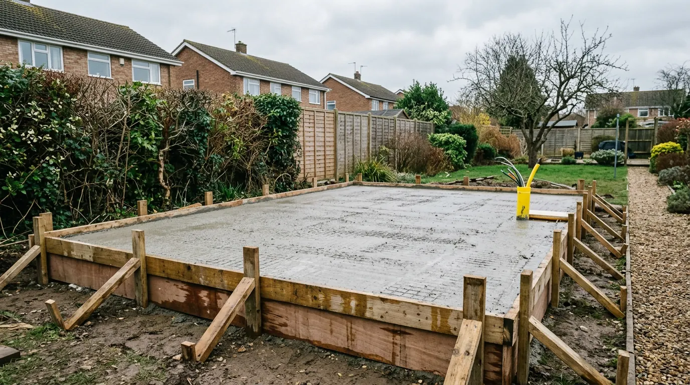 A freshly poured reinforced concrete slab in a back garden, still damp with reinforcement mesh showing through the surface, held by timber shuttering braced with angled stakes, and a yellow service duct carrying cables rising at one corner
