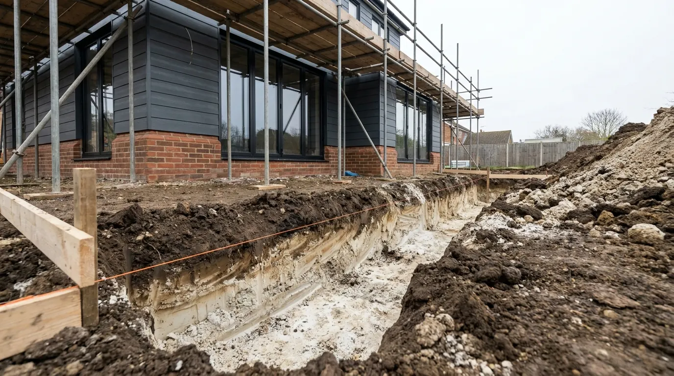An excavated foundation trench in a rear garden with the spoil heaped alongside and the dig squared off ready for concrete
