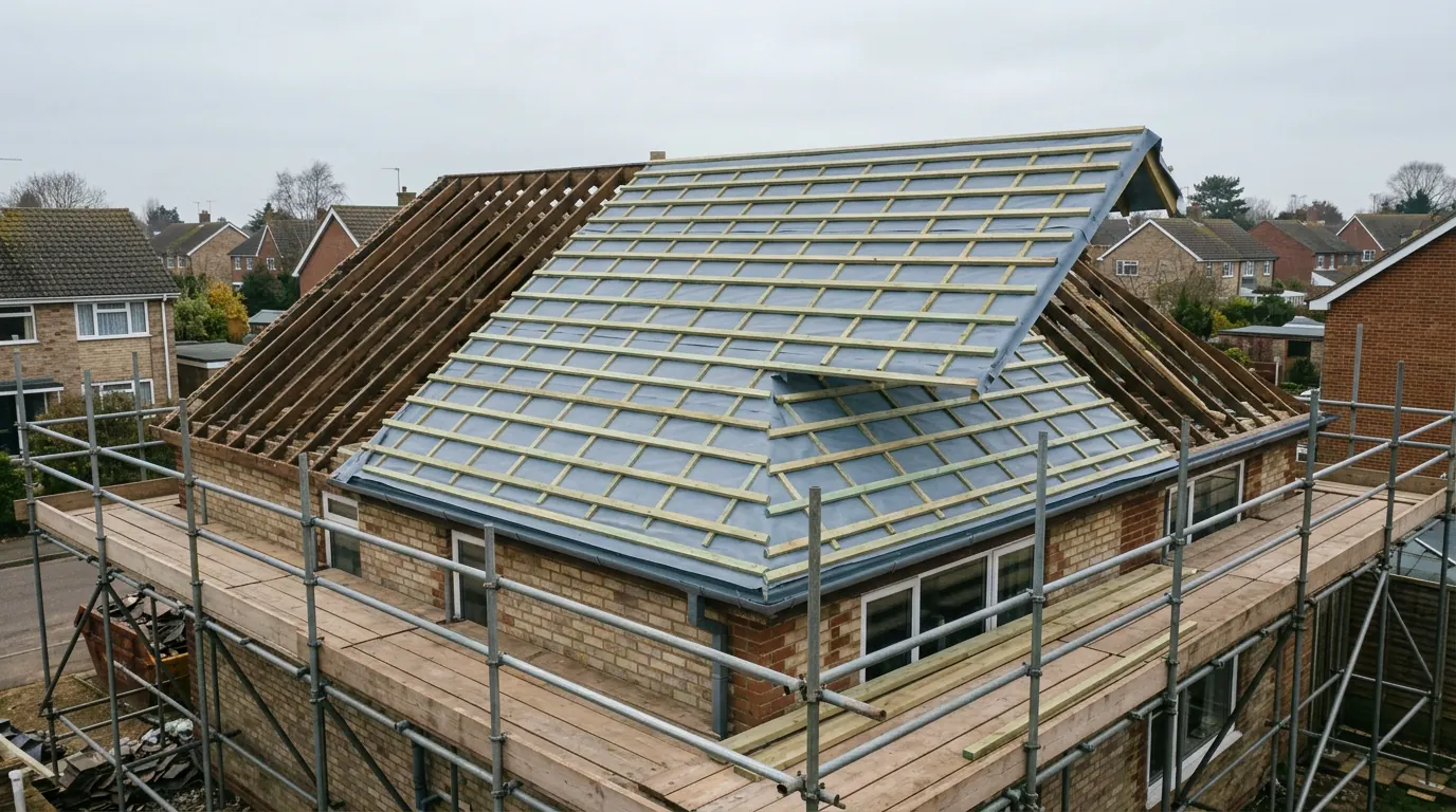 A new hipped roof structure seen from above, bare rafters exposed across one slope and breather membrane with treated timber battens covering the rest, buff brick walls and new windows below, and scaffolding boards around the perimeter
