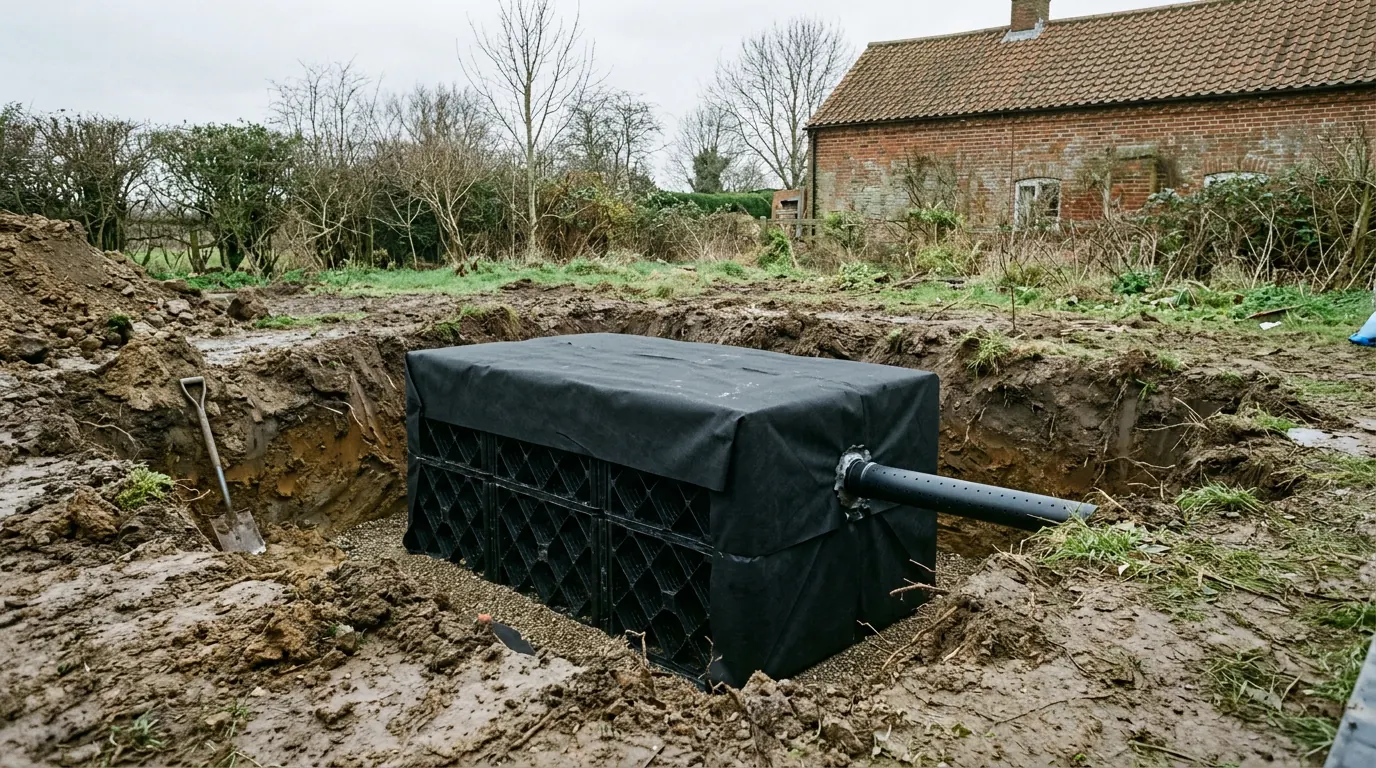 Black plastic soakaway crates wrapped in geotextile membrane and bedded on gravel in an open pit, with a perforated land drain pipe connected to one side, a spade standing in the muddy spoil and an old red brick barn behind