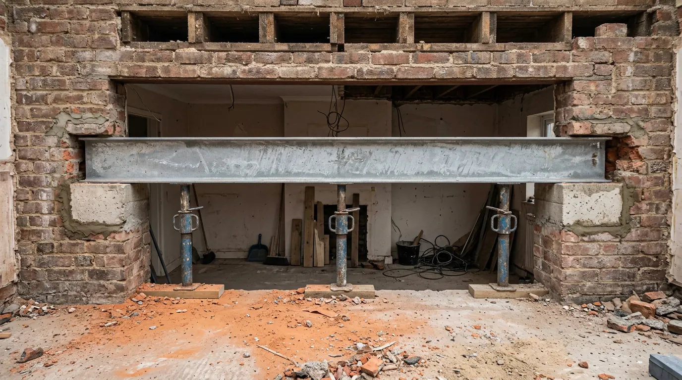 A new galvanised steel beam spanning a stripped out internal opening, carried on three adjustable props standing on timber sole plates, with brick piers to each side, exposed floor joists above and brick rubble and dust across the bare floor