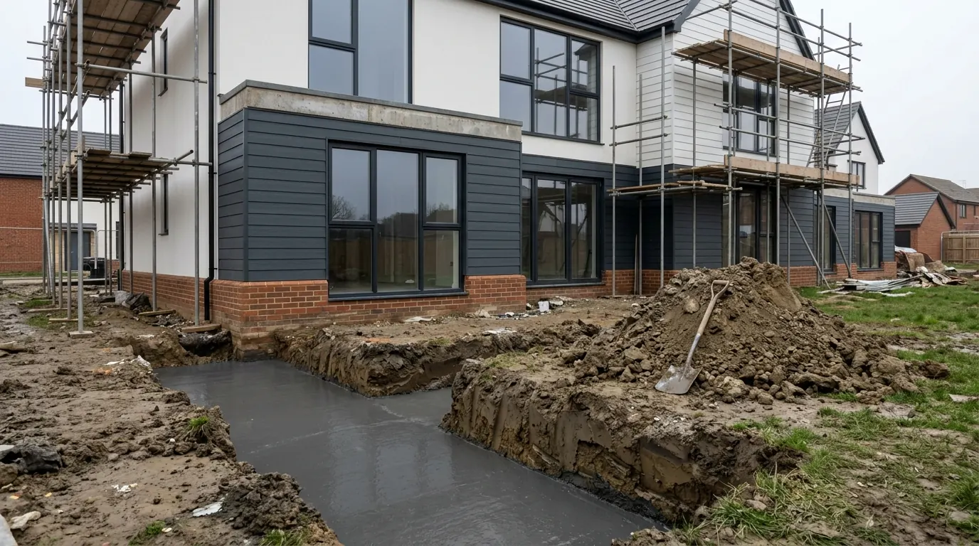 Freshly poured concrete filling an excavated foundation trench, its wet surface level and the cut clay sides standing above it, with heaped spoil and a spade alongside and a part built house behind